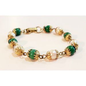 Vintage Signed CELEBRITY Gold Tone Bracelet Green Beads Faux Pearls 8"